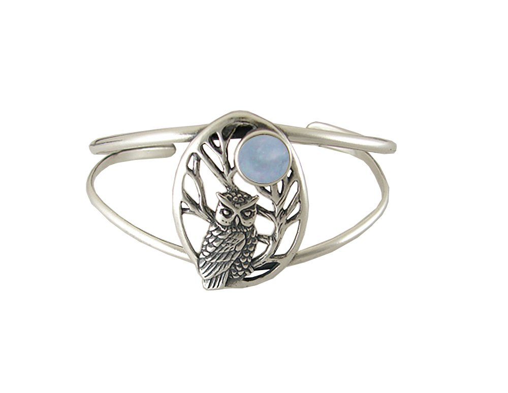 Sterling Silver Owl of the Dark Night Cuff Bracelet with Rainbow Moonstone